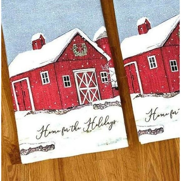Country Home for the Holidays Kitchen Tea Towels 2-Pc Red Barn Christmas Wreath - Picture 2 of 2
